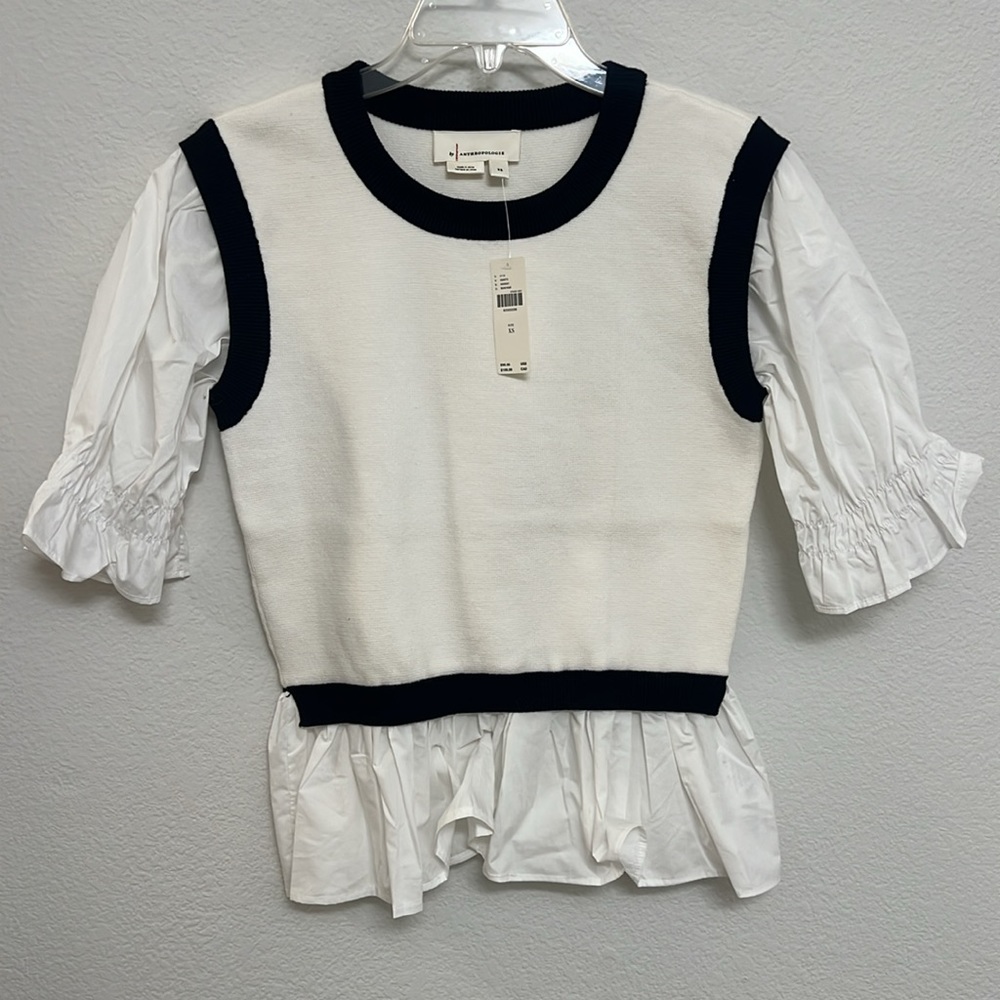NWT! Anthropologie Layered Poplin Sweater Top in White, Off White, Black size XS - Picture 4 of 10